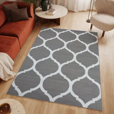 A geometric patterned rug is laid out on a wooden floor in a living room setting, with a sofa and coffee table visible.