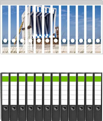 Produktbild von Wallario 12 Stück schmale Ordner inkl. Klebeetiketten mit Motive Strandkorb -  Set mit Rückenschildern / Ordnerrücken Stickern