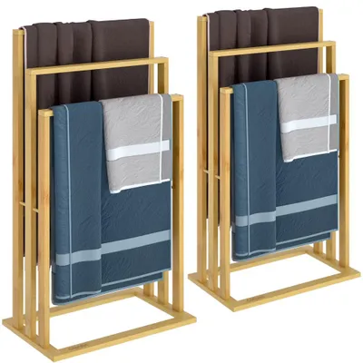 Produktbild von CASARIA® 2er Set Handtuchständer Freistehend Bambus Holz 3 Stangen 82 x 40 x 24 cm Ablage Handtuchhalter Stehend Badzimmer Handtuchstange Ohne Bohren