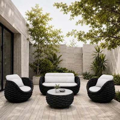 Produktbild von Gartenlounge Set 4-teilig mit 2 Einzelsesseln, Zweisitzer-Sofa und Couchtisch, Wasserabweisend, Ideal für Garten, Terrasse und Hof, Schwarz /TBSF-S2/