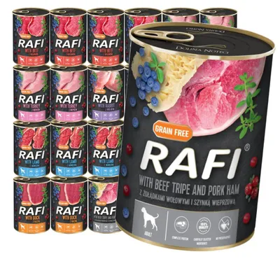Produktbild von Rafi Wet Food For Adult Dogs 6 Flavors Mix Can 24x400g Beef Turkey Rabbit Lamb Duck Pork