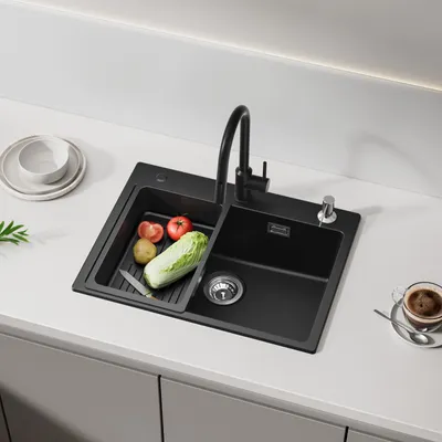 Produktbild von CECIPA Granitspüle Küchenspüle 60*45, schwarz, mit Seifenspender, Schwarz, 60/45 cm, Mit Ablaufkorb, Aufsatzwaschbecken