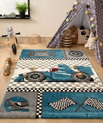 Obrázok produktu pre Uniqoos® detský koberec "Preteky" – modrá farba, 80 x 150 cm, mäkký velúr, odolné vlákno, Öko-Tex, vhodný do detskej izby