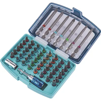 Imagen del producto de Juego de destornilladores de 57 piezas: ranurados, Phillips, Pozidriv, Torx, Torx con botón central y 6 puntas.