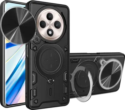 Produktbild von Handyhülle für Oppo Reno12 F 5G Dual-Layer Stoßfest Rüstung Hülle mit Dia Kameraschutz und Kreisförmig Ring Ständer Schwarz
