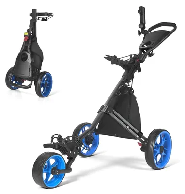 Obrázek produktu pro Golfový vozík - tříkolový - Lehká konstrukce - Nastavitelná výška - Kola o průměru 30 cm - Parkovací brzda - Úložná taška s držákem deštníku - Světlě zelený
