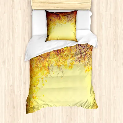 Produktbild von ABAKUHAUS Blätter Mantele, Retro Herbst-Ansicht, Milbensicher Allergiker geeignet mit Kissenbezügen, 135 cm x 200 cm - 80 x 80 cm, Orange Gelb