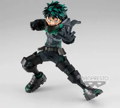 A figurine of Izuku Midoriya from My Hero Academia in a dynamic pose.