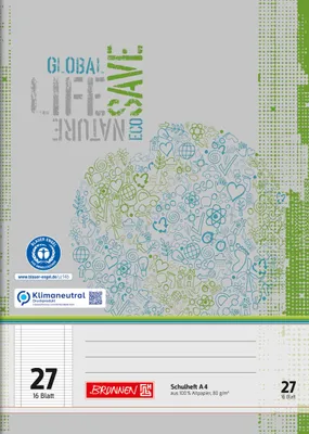 Obrázok produktu pre BRUNNEN 104412701 zošit recyklovaný A4 linajkovaný, s okrajovou linkou zvnútra aj zvonka, Lin. 27 sivozelená