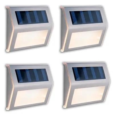 Produktbild von 4er-Set LED Solar-/Außenleuchte "LEON", Lampe für den Außenbereich im Modern-Style, aus Metall und Kunststoff in stahl-blank, 10 x 2,2 x 8,2 cm, mit LED Platine – mit Schiebeschalter – Dämmerungssensor