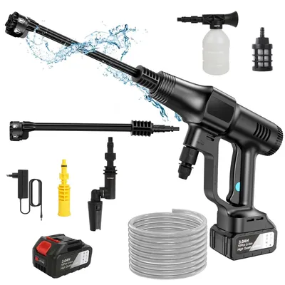 Image de Nettoyeur haute pression - Machine de nettoyage portable - 200 bars - 3500 W - Buse 6-en-1 - Fonctionnement sur batterie - Tuyau d'eau de 5 à 10 mètres - Noir, avec 1 batterie