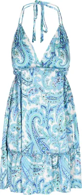 Produktbild von Damen Boho-Kleid mit Paisley-Muster, Bindeband und Rüschensaum, blau, Größe L