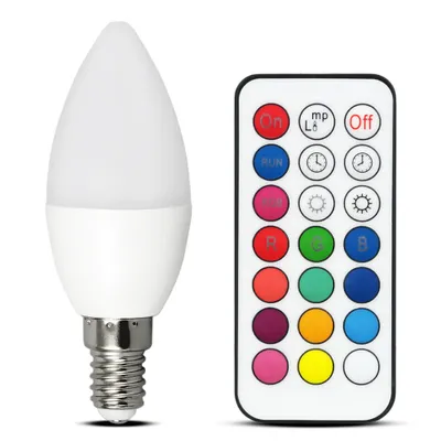 A LED light bulb and its remote control are shown side-by-side on a white background.