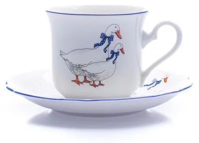 Produktbild von Tasse mit Untertasse, tschechisches Porzellan, 200 ml, Gänse, Leander