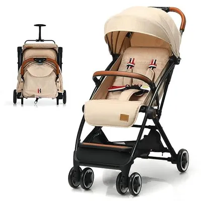 Imagen del producto de Cochecito plegable con una mano, con respaldo y capota ajustables, ideal para viajes, con función de reclinación, cinturón de seguridad de 5 puntos para bebés hasta 3 años, capacidad de carga de 15 kg (color beige)