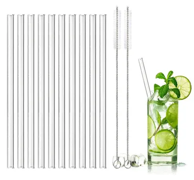 Produktbild von Glasstrohhalme 10 Stück Wiederverwendbar Trinkhalme 20cm mit Reinigungsbürsten Borosilikatglas