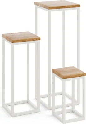 Produktbild von LAMO Manufaktur Pflanzenständer Set - 3 Stücke 30/50/70 cm | Blumenständer Weiss Metall | Blumenhocker Holz mit Rustikal Farbe | 100% Echtholz | Sockel für Zimmerpflanzen
