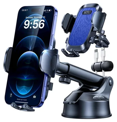 Zdjęcie produktu dla Uchwyt na telefon samochodowy 4-w-1: przyssawka i mocowanie do nawiewu, obrotowy o 360°, do deski rozdzielczej/szyby/nawiewu, kolor niebieski