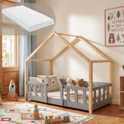 Produktbild von Kinderbett 'Treviolo' mit Matratze und Rausfallschutz 70x140cm Hellgrau / Natur