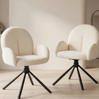 Productafbeelding van Set van twee draaibare fauteuilstoelen met armleuningen, metalen poten, in crèmekleur