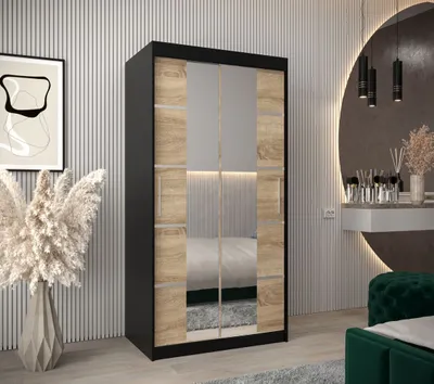 Produktbild von Schrank mit Spiegeln VIVIEN – Breite 100 cm, Schwarz / Eiche Sonoma