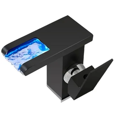 A black waterfall faucet with blue LED lighting.