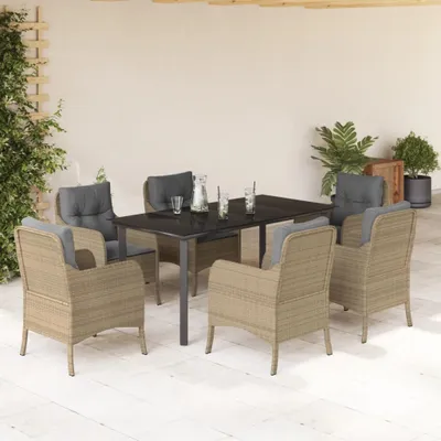 Produktbild von Design 7-tlg. Garten-Essgruppe mit Kissen Beige Poly Rattan, Gartenmöbel-Sets 2024 Neu