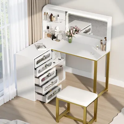 Produktbild von ProximaX Eck-Schminktisch L-förmig mit Spiegel, 5 Schubladen und Stauraum – Weiß/Gold, Moderner Make-up Tisch mit Ablageflächen und Hocker