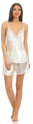 Produktbild von Damen Nachtwäsche Pyjama Set Kurz aus Satin & Spitze; Ecru S