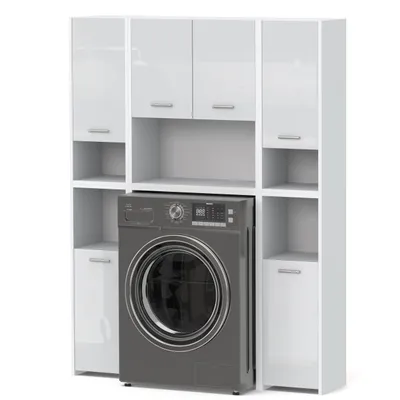 Produktbild von STIV Möbel | Großes Badmöbel Set Weiß Matt / Weiß Hochglanz 124x30x165 cm | 2 Hochschränke + Waschmaschinenschrank