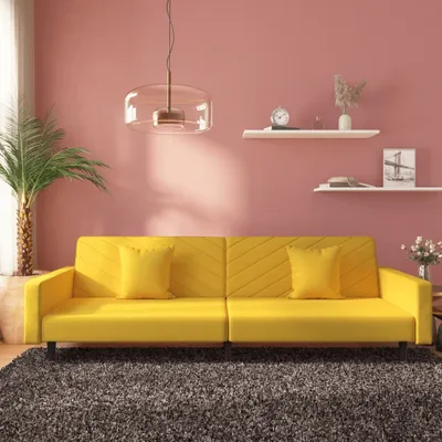 Produktbild von Design Schlafsofa 2-Sitzer mit 2 Kissen Gelb Samt, Schlafsofas 2024 Neu