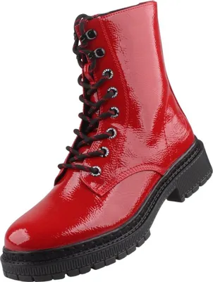 Auf dem Bild ist ein roter Stiefel zu sehen der von der Vorderseite betrachtet wird. Der Schuh hat eine glatte Oberfläche und eine hohe Form die bis zur Wade reicht.