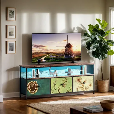 Produktbild von INONEFT Kleiner TV Schrank mit LED Beleuchtung, TV-Ständer mit 3 Stoffkommode, TV Lowboard für Wohnzimmer, Schlafzimmer, Flur 137x30x57 cm, Farbig