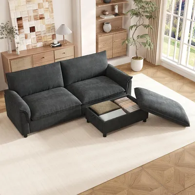 Produktbild von okwish Ecksofa mit beweglichem Fußhocker, Modulares Sofa mit Armlehnen, hohe Rückenlehne, Zweisitzer Für Wohnzimmer, in Schwarz