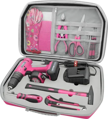 A pink tool kit with various tools laid out inside a gray case.