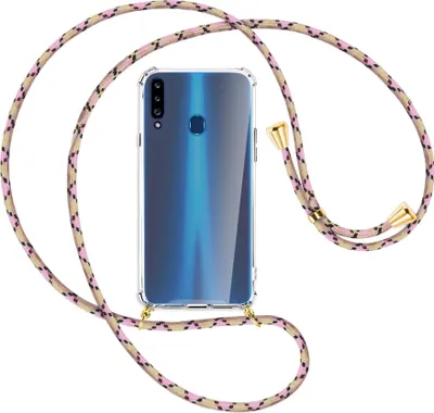 Produktbild von Handykette Backcover-Schutzhülle mit Band (Metall goldfarben) für Samsung Galaxy A20s - rosa Karo