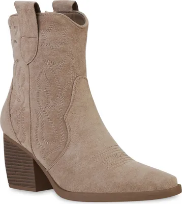 Produktbild von VAN HILL Damen Stiefeletten Cowboy Boots Trichterabsatz Stickereien Schuhe 837779, Farbe: Tan Velours, Größe: 37