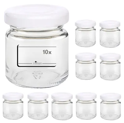10 Einmachgläser 53 ml mit Deckel weiß + Etiketten