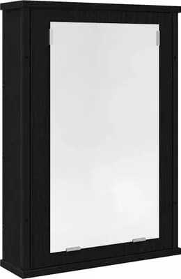 A black bathroom medicine cabinet with a mirrored door.