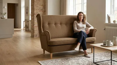 Produktbild von Zweisitzer-Ohrensofa ARI Aura – Skandinavisches Design, Stoff in Hellbeige 9, Family Meble, KI-generiertes Bild