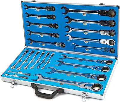 Immagine prodotto di Set di chiavi combinate a cricchetto con snodo, snodabili-snodate, set 22 pz in valigetta alluminio