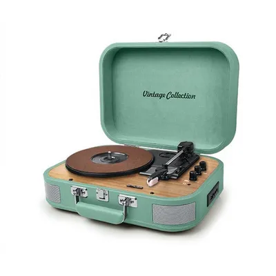 A vintage-style record player in an open suitcase design.