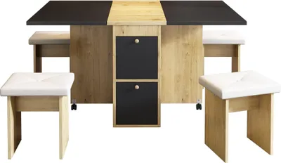 Produktbild von Essgruppe-Set Esstisch mit 4 Stuehlen klappbarer Esstisch 120x80x75cm Multifunktionaler ausziehbarer Esstisch Esszimmerstuhl Weiss + Eiche
