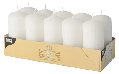 Productafbeelding van Papstar stompkaars / kolomkaars, wit (10 stuks). Diameter: 4 cm, hoogte: 9 cm