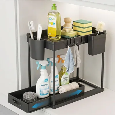 Productafbeelding van Onderkastplank - Organizer met 2 niveaus, 4 haken en 2 houders voor eetstokjes - voor keuken en badkamer - 39,2 x 21,2 x 35,7 cm