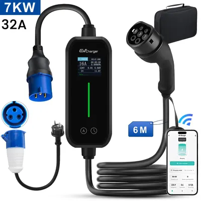 Image de APP 3,5/7 kW - Boîtier mural mobile pour véhicules électriques (EV) - Chargeur UE 16/32 A, monophasé, câble de 6 m, prise de type 2/CEE, courant réglable - Chargeur portable avec crochet et sac de transport