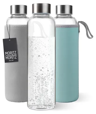 Imagen del producto de Botella de vidrio Moritz & Moritz de 500 ml: apta para bebidas carbonatadas y a prueba de fugas. Botella de vidrio ideal para deportes, escuela, universidad o trabajo. Incluye una funda de neopreno reversible para protegerla