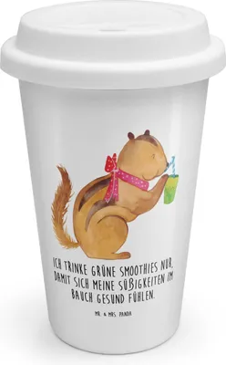 Produktbild von Mr. & Mrs. Panda Coffee To Go Becher Eichhörnchen Smoothie - Weiß - Geschenk, Green Smoothies, Thermobecher, Mehrwegbecher, Streifenhörnchen, Diät, Abnehmen, Trinkbecher