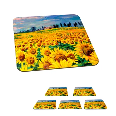 Produktbild von KitchenYeah® Glasuntersetzer Quadratisch 6er Set Ölfarbe - Gemälde - Blumen - Sonnenblume 10x10 cm Untersetzer für Gläser - Getränkeuntersetzer - Tischplattenschutz - Tischuntersetzer für Tassen Tisc