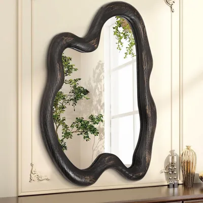 Produktbild von Wandspiegel Holzrahmen 60 x 40 cm Vintage unregelmäßig Hängespiegel asymmetrisch HD-Glas